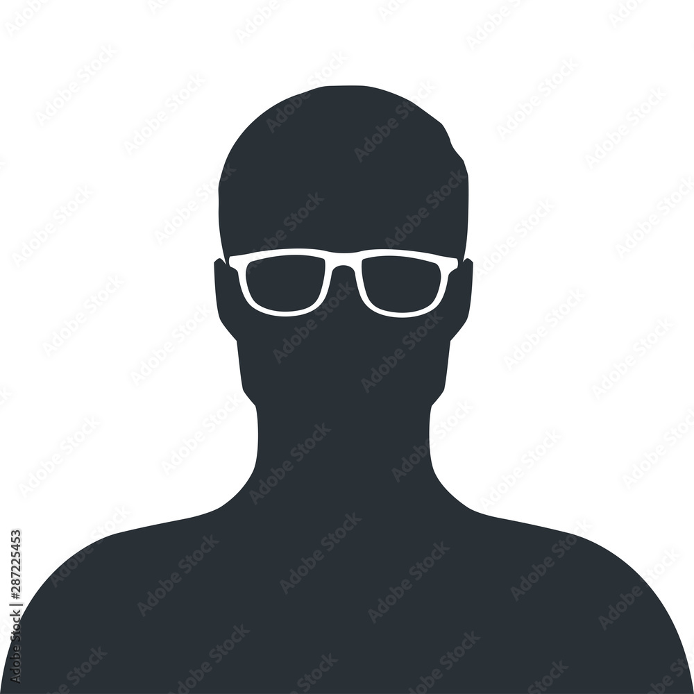 Poster flat vector image on a white background, icon in the form of a silhouette of a man with glasses