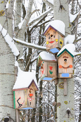 Smiley birdhouses. Birdhouse in the form of a funny face on the tree. Handmade wooden nesting box covered in snow. Winter landscape with trees covered of the snow and copy space.