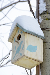 Brown birdhouse on the tree. Handmade wooden nesting box covered in snow. Winter landscape with trees covered of the snow.