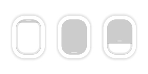 Airplane windows in a row. Aircraft. Airplane windows opened and cloused. Flat web vector banner
