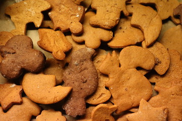 Weihnachtsgebäck und Plätzchen in verschiedenen Formen auf einem Backblech