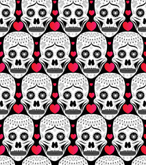 Decorative sugar skull with red heart seamless pattern for day of the dead/halloween celebration. For Wallpaper/Fabric/textile/wrapping paper print etc