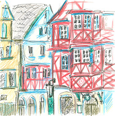 Pensil street illustration, sketch, Mainz, Germany, city center, cartoon style. Timber framing hoyses. Isolated on white.