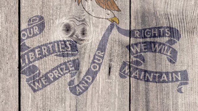 USA Politics News Concept: US State Iowa Flag Wooden Fence, Zoom Out