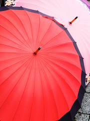 Red and white umbrellas