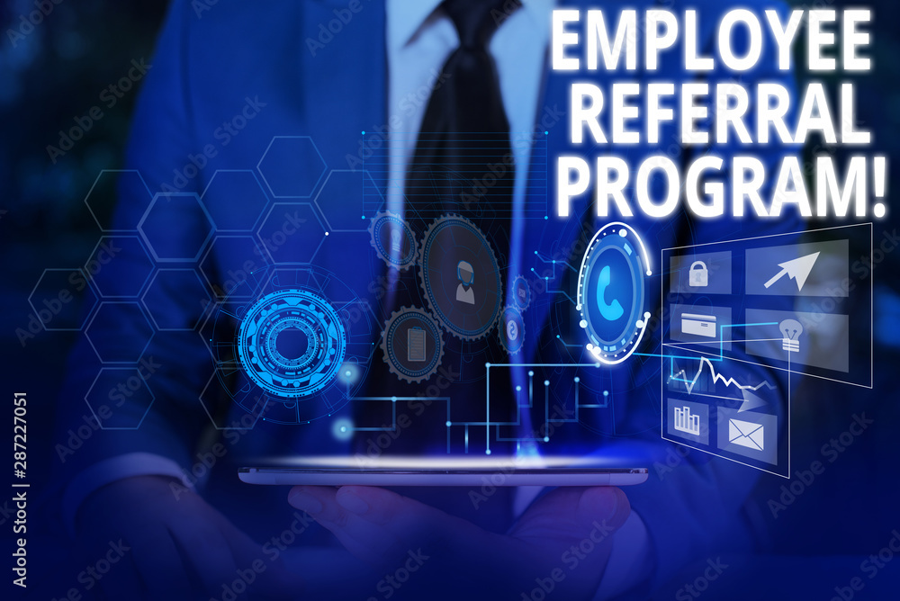 Aufkleber writing note showing employee referral program. business concept for internal recruitment method emp
