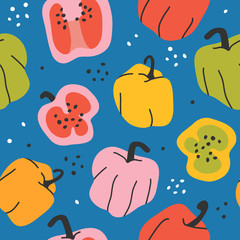 hand drawn modern illustration of sweet paprika pepper, seamless vector repeat pattern. Stylised handdrawn vegetables background for farming marking. Texture for textile fabric or wrapping paper.