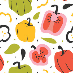 hand drawn modern illustration of sweet paprika pepper, seamless vector repeat pattern. Stylised handdrawn vegetables background for farming marking. Texture for textile fabric or wrapping paper.