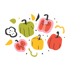 hand drawn illustration of sweet paprika pepper on a cutting board isolated on white. Stylised handdrawn vegetables clipart for farming marking or cooking ingredient. Colorful vector drawing.