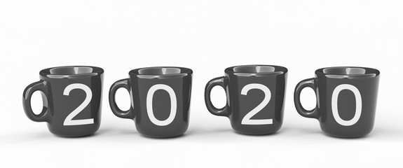 2020 new year, black mug with number of 2020 on isolated white background, 3d illustration. 2020 anno nuovo. tazza nera con numero 2020 su sfondo bianco. illustrazione 3d