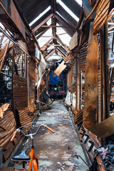 abandon fired flea market, it is ruined structure building