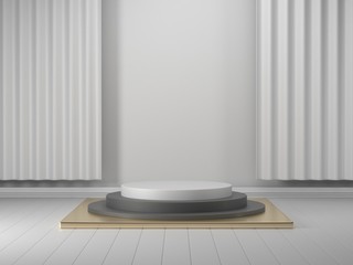 3d render, abstract geometric background, cylinder podium, minimalistic primitive shapes, modern mock up, blank template, gold metal grid, mesh, empty showcase, shop display