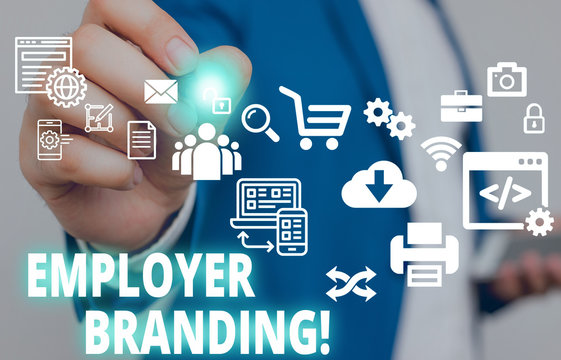 Text sign showing Employer Branding. Business photo text promoting company employer choice to desired target group Male human wear formal work suit presenting presentation using smart device