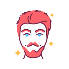 Beautiful man face with fashionable hairstyle and beard color line icon. Barbershop. Avatar red-haired guy.