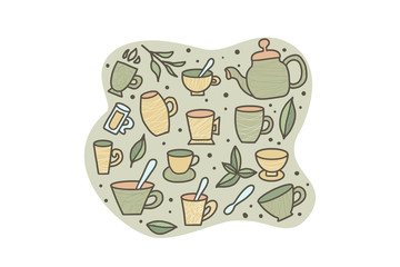 Tea set. Cups and teapots. Vector illustration.