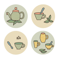 Tea set. Cups and teapots. Vector illustration.