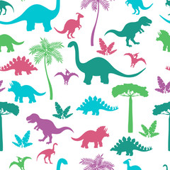 Seamless pattern with colorful dinosaur silhouettes