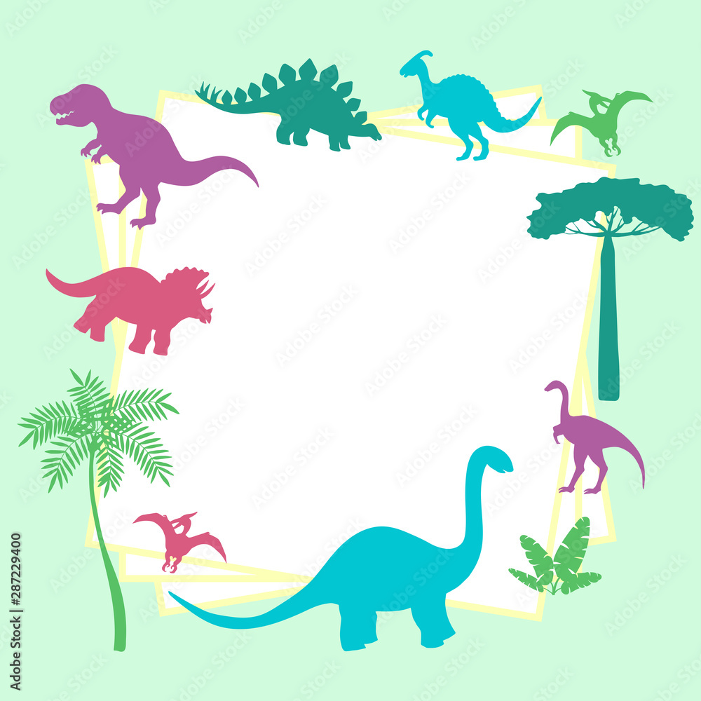 Poster frame with abstract colorful silhouettes of dinosaurs