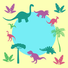 Frame with abstract colorful silhouettes of dinosaurs