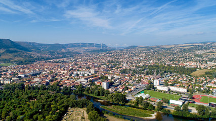 Aerial view of Millau city at sunrise