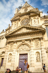 Main entrance view of Church Saint Etienne du Mont at Pantheon Square in Paris