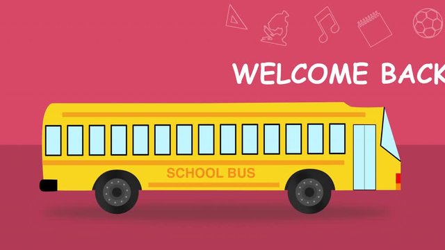 Back to school flat style colourful School Bus looped animation. School Bus travelling on two-tone red background with education symbols. 4k