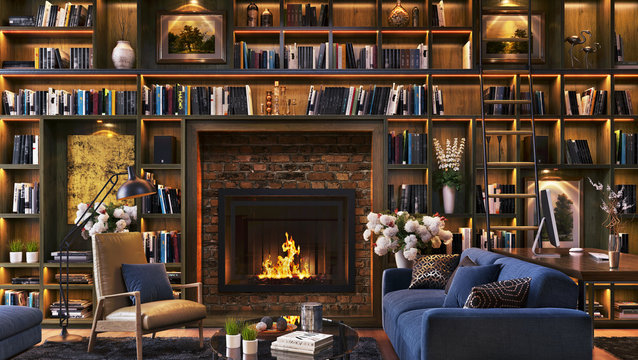 Luxury fireplace and large library with desk