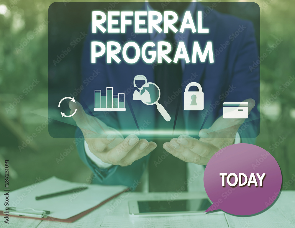 Poster text sign showing referral program. business photo text employees are rewarded for introducing suita