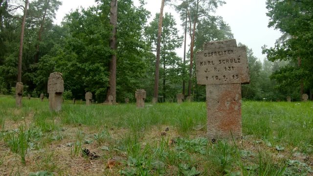 First World War German Soldiers And Victims Cemetery In The Forest. Pan Left