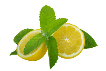 lemon and mint leaves  isolated on white background