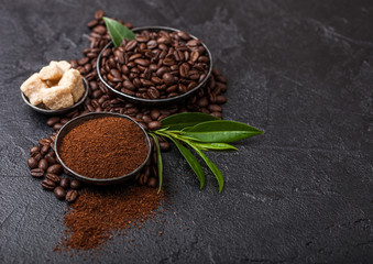 Fresh raw organic coffee beans with ground powder and cane sugar cubes with coffee trea leaf on black background.