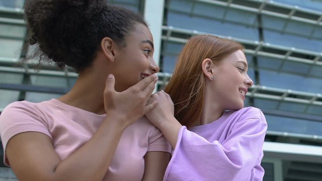 Beautiful female students gossiping and laughing outdoor, resting near academy