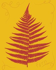Vector silhouette of fern. Red on a yellow background.
