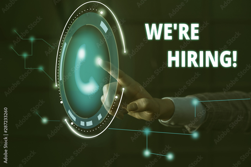 Poster handwriting text we re hiring. conceptual photo process of reviewing applications and finding candid