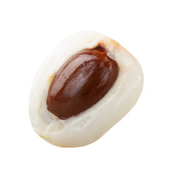 half of shelled lychee with peel isolated on white background