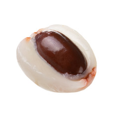 half of shelled lychee with peel isolated on white background