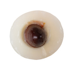 half of shelled lychee with peel isolated on white background