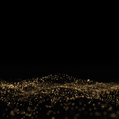 Gold glitter, light particles wave on black background. Shining gold sparks bokeh effect, shimmering sparkles glow, magic bright glitter dust wave in motion