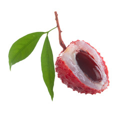 half of  lychee with green leaves  isolated on white background
