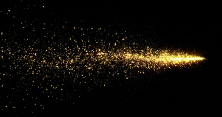Fototapeta na wymiar Golden glitter light tail, sparkling shining comet trail wave. Gold glittering magic shimmer, glowing golden light sparks on black background
