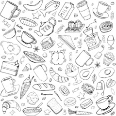 Set of isolated elements on white backdrop whith food. Hand lettering. Can be used for decoration, posters, flyers, background.Cafe, Restorans. Vector drawing of breakfast, lunch, coffee, tea, snack