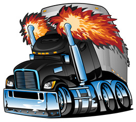 Semi Truck Tractor Trailer Big Rig, Black, Flaming Exhaust, Lots of Chrome, Cartoon Isolated Vector Illustration