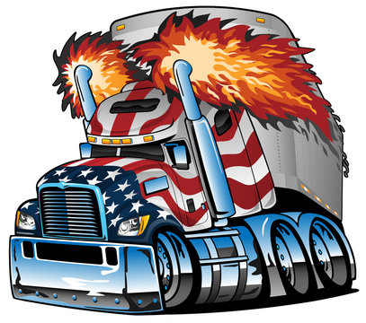 Patriotic American Flag Semi Truck Tractor Trailer Big Rig Cartoon Isolated Vector Illustration