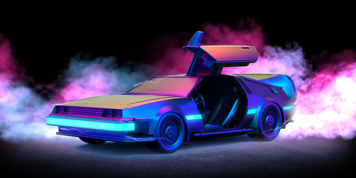 Future car retro 80th illustration with blue and pink smoke and black background