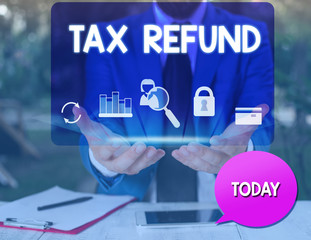 Text sign showing Tax Refund. Business photo text refund on tax when the tax liability is less than...
