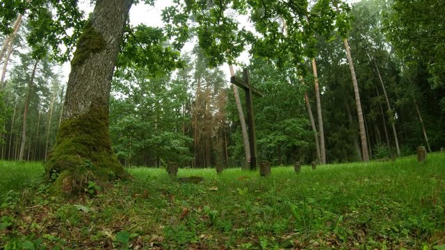 A large wooden cross in the cemetery of WWI German soldiers and victims.