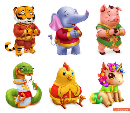 Funny animals. Tiger, elephant, pig, snake, chicken, unicorn. 3d vector icon set