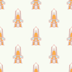 Vector Retro SpaceShip Adventure in Space seamless pattern background.