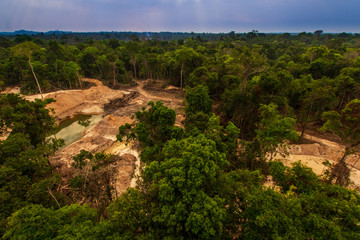 Illegal mining causes deforestation and river pollution in the Amazon rainforest near Menkragnoti Indigenous Land. - Pará, Brazil