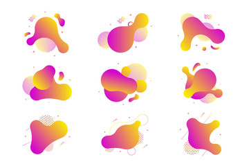Vector set of fluid isolated abstract geometric violet and yellow gradient shapes for modern website and graphic design on the white background. Concept of dynamic composition and liquid color element